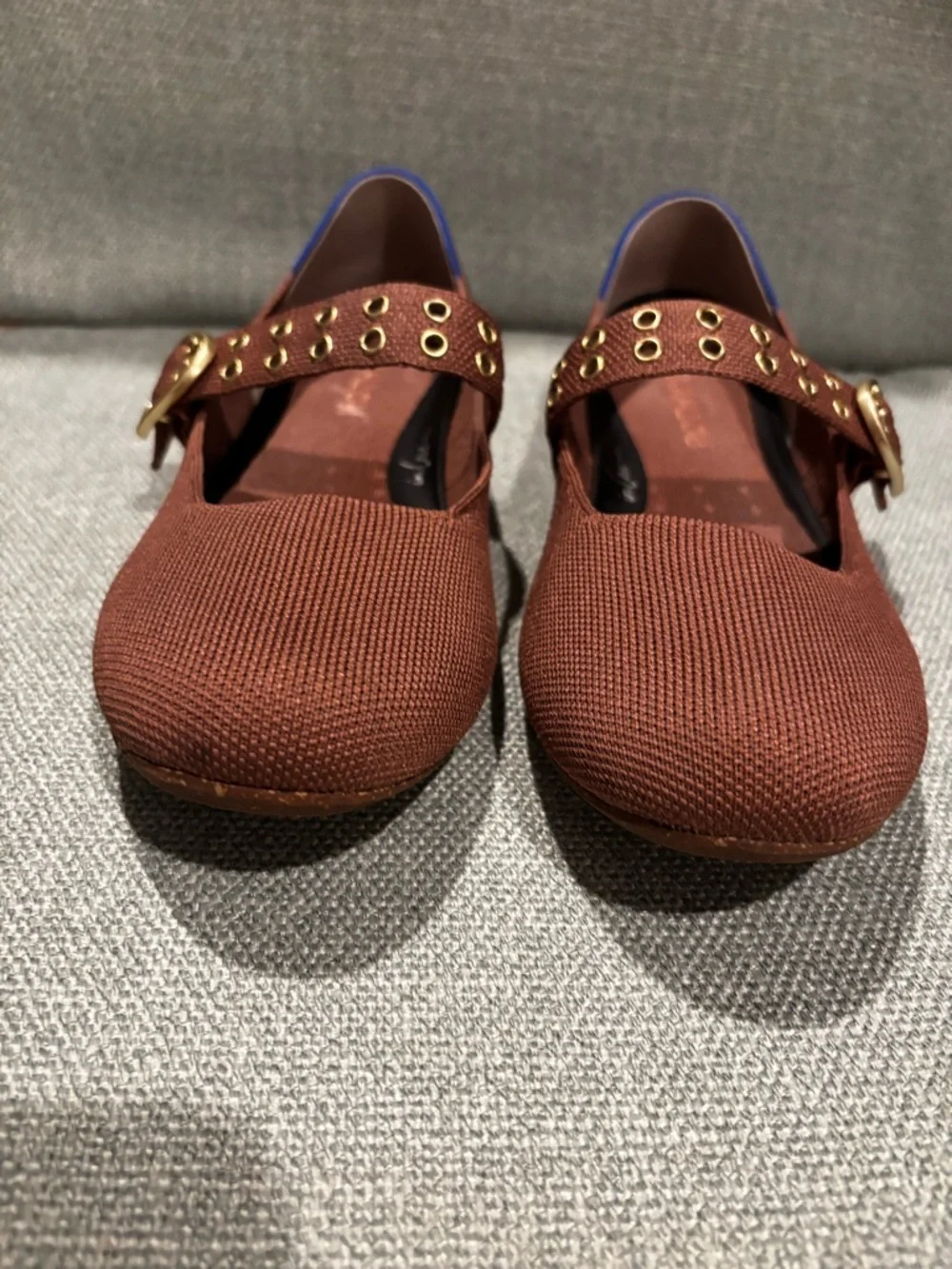 Rothy's Chestnut Brown Knit Mary Jane Flats with Gold Eyelets - Picture 2 of 7